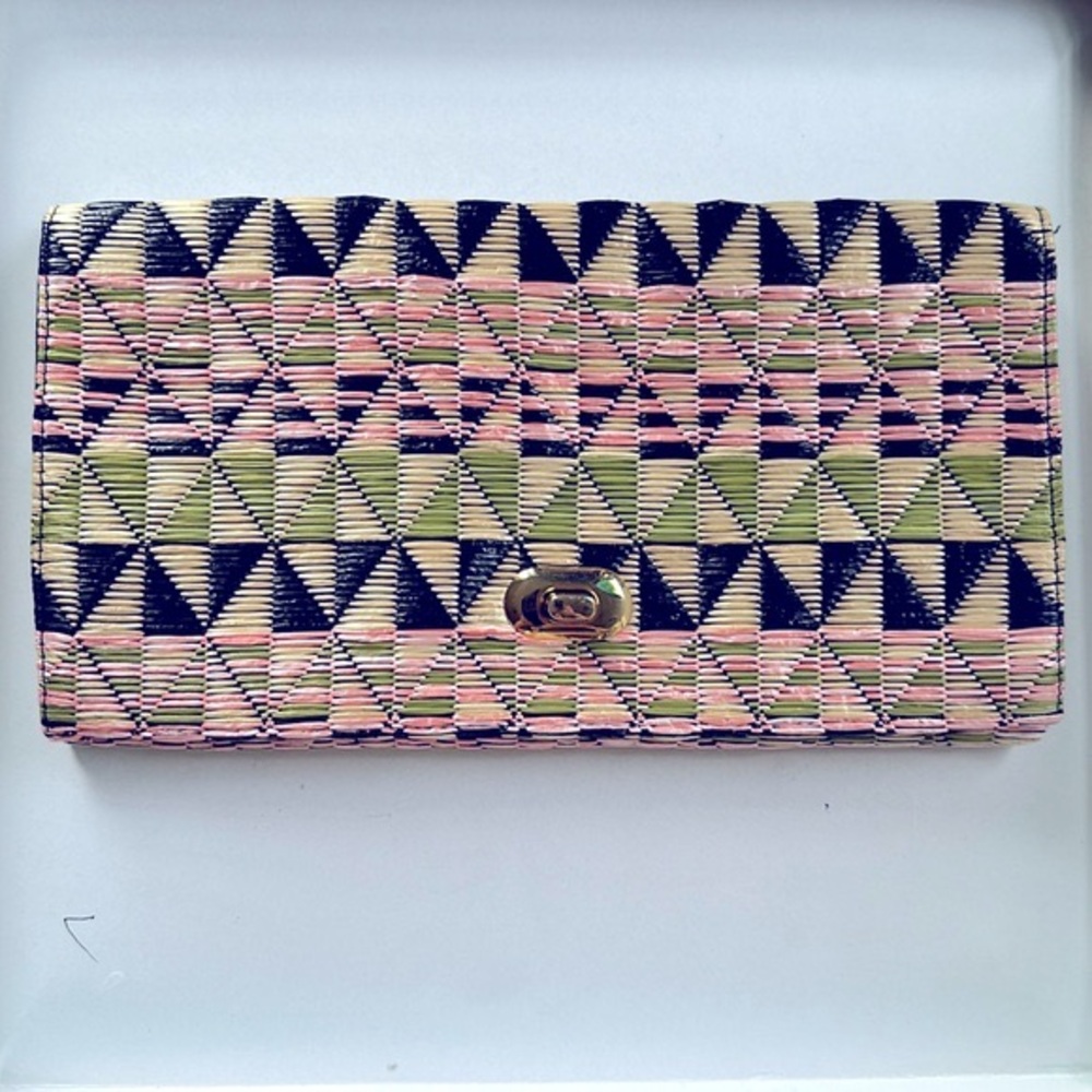 H&M AZTEC RAFFIA CLUTCH PINK GREEN BLACK GEOMETRIC DIAMOND GOLD HARDWARE